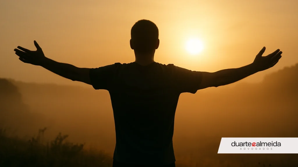 Silhueta de pessoa com braços abertos diante de uma luz suave, simbolizando superação e liberdade após vencer uma dificuldade.