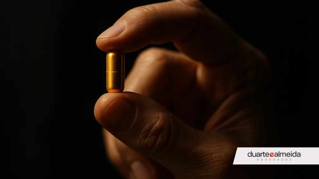 Mão segurando uma cápsula dourada de Zanubrutinibe entre os dedos, iluminada por uma luz suave em contraste com fundo escuro.