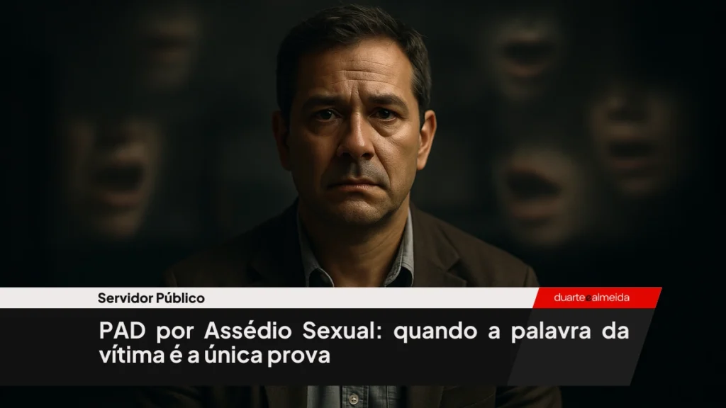 Homem sentado sob luz dramática enquanto bocas sem rosto flutuam no fundo desfocado, em posição de acusação. Metáfora da pressão social sobre o acusado.