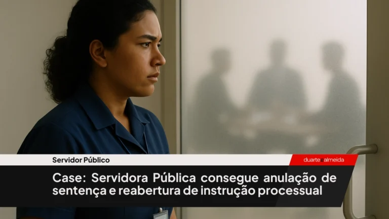 Mulher brasileira diante de uma porta de vidro opaca, onde aparecem silhuetas de pessoas em discussão por trás. Ela parece excluída da decisão, com expressão de frustração e impotência.