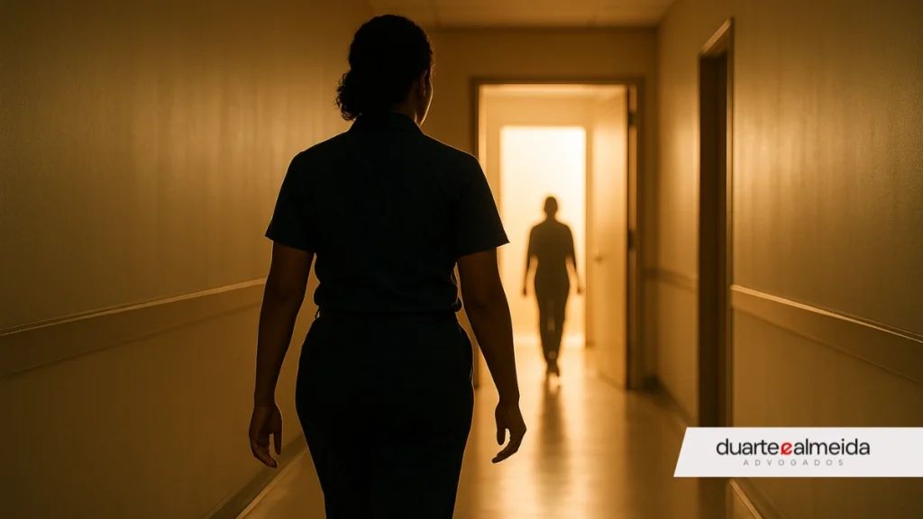 Silhueta de uma servidora pública caminhando com determinação em direção a uma porta aberta ao fim de um corredor institucional, com uma luz intensa iluminando o caminho, simbolizando esperança e justiça.