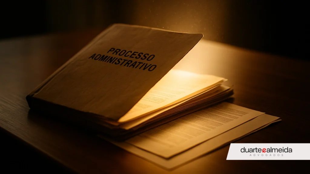 Uma pasta de processo administrativo se abrindo sobre a mesa, de onde sai uma luz intensa e simbólica, representando a revelação da verdade com a reabertura da instrução processual.
