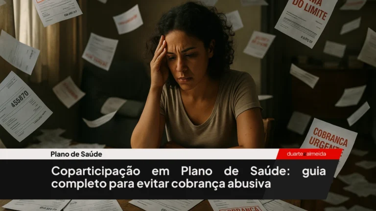 Mulher brasileira em sala caótica, cercada por papéis de dívidas e cobranças voando ao redor com frases como “em aberto” e “acima do limite”, simbolizando sobrecarga financeira e emocional.