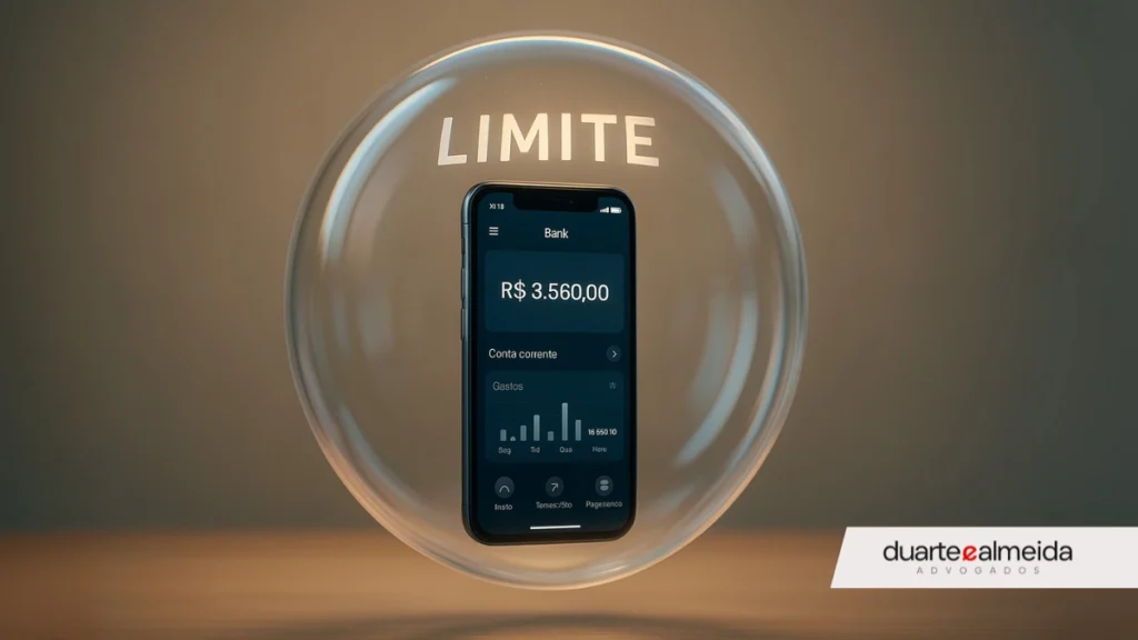 Celular com aplicativo bancário flutuando dentro de uma bolha transparente onde se lê “LIMITE”, simbolizando proteção financeira.