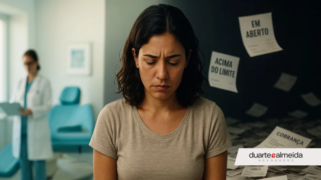 Mulher brasileira dividida entre um ambiente de clínica médica e uma pilha de contas e cobranças, representando o dilema entre cuidar da saúde e arcar com os custos da coparticipação.