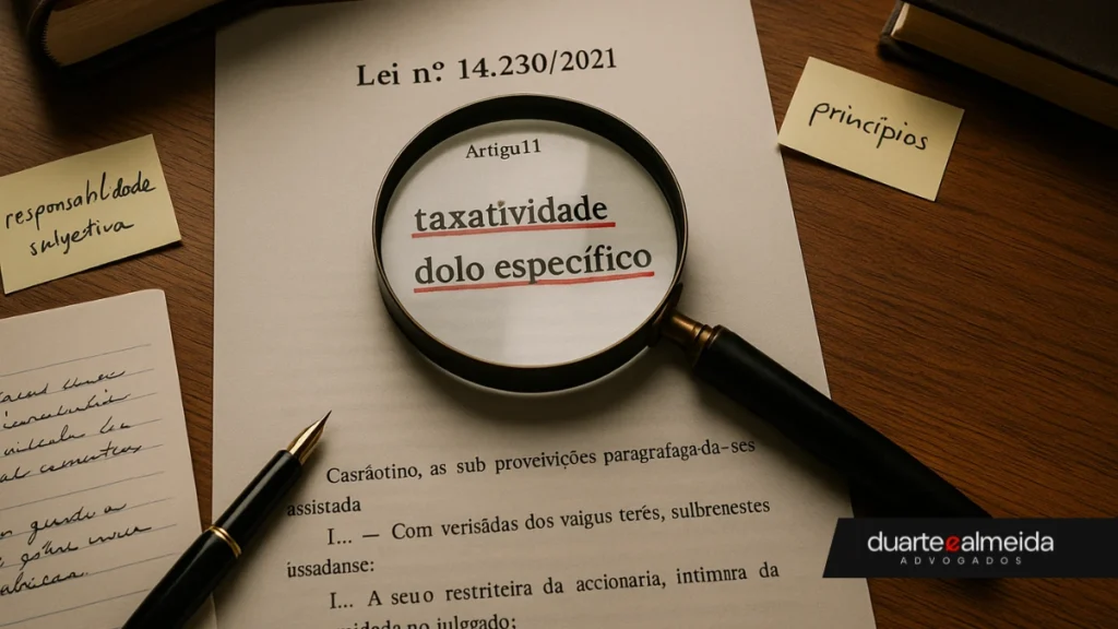 Documento impresso da Lei nº 14.230/2021 com lupa destacando “taxatividade” e “dolo específico”, cercado de anotações jurídicas.
