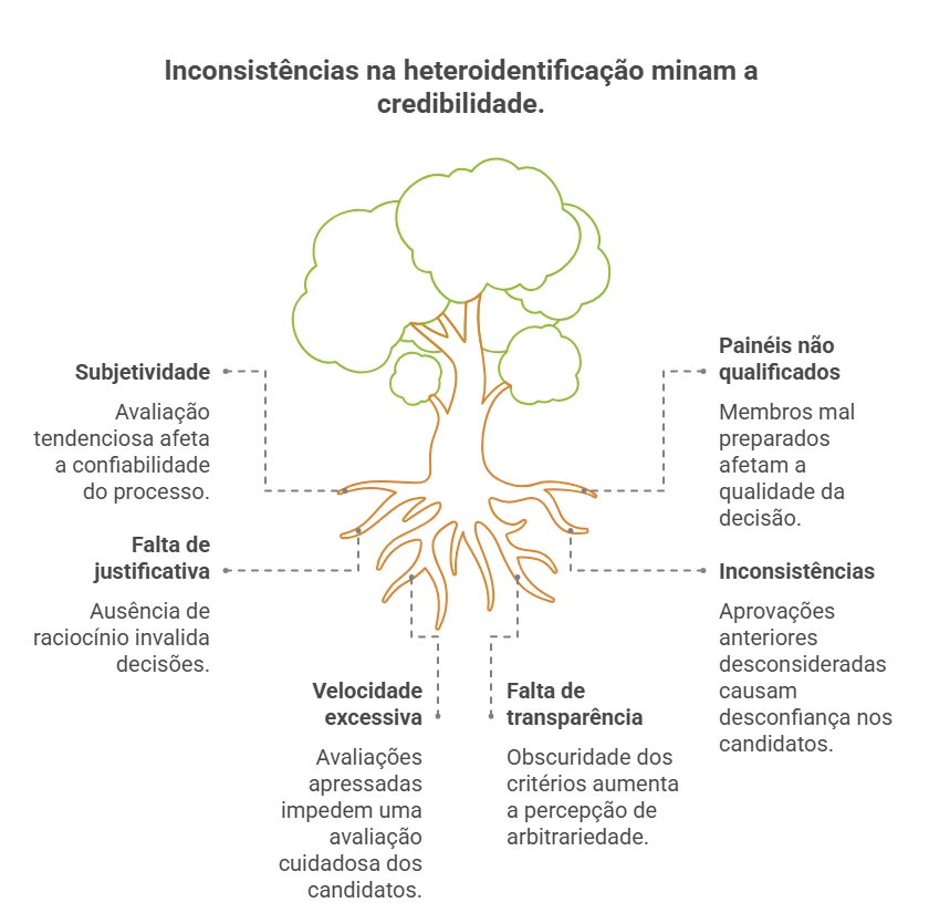 Representação em gráfico das inconsistências na heteroidentificação, que minam a credibilidade das decisões.