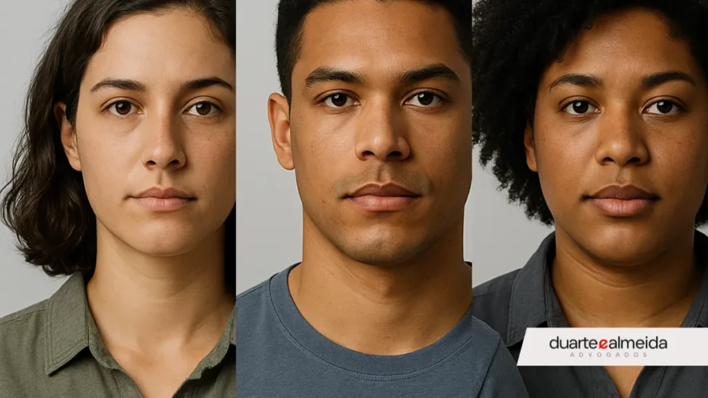 Retrato triplo hiper-realista de três pessoas pardas com diferentes fenótipos, lado a lado, frente à câmera. À esquerda, mulher de pele clara e cabelo liso ondulado; ao centro, homem de pele morena e cabelo curto; à direita, mulher de pele mais escura e cabelo crespo. Fundo neutro e expressão neutra, em estilo de fotografia documental.