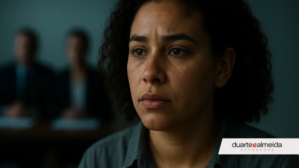 Retrato hiper-realista de uma mulher com fenotipos pardos, sentada diante de uma comissão avaliadora desfocada ao fundo. Ela tem pele clara, cabelos cacheados e traços faciais afrodescendentes. A iluminação é suave e lateral, em ambiente institucional com fundo escuro e tom frio.