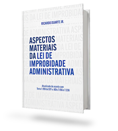 Mockup do livro Aspectos Materiais da Lei de Improbidade Administrativa, de Ricardo Duarte Jr., com capa branca e título em azul