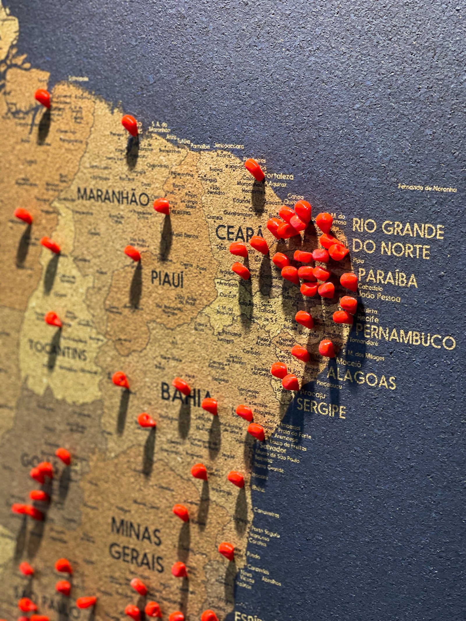 Mapa do Brasil com alfinetes vermelhos marcando as cidades atendidas pelo escritório